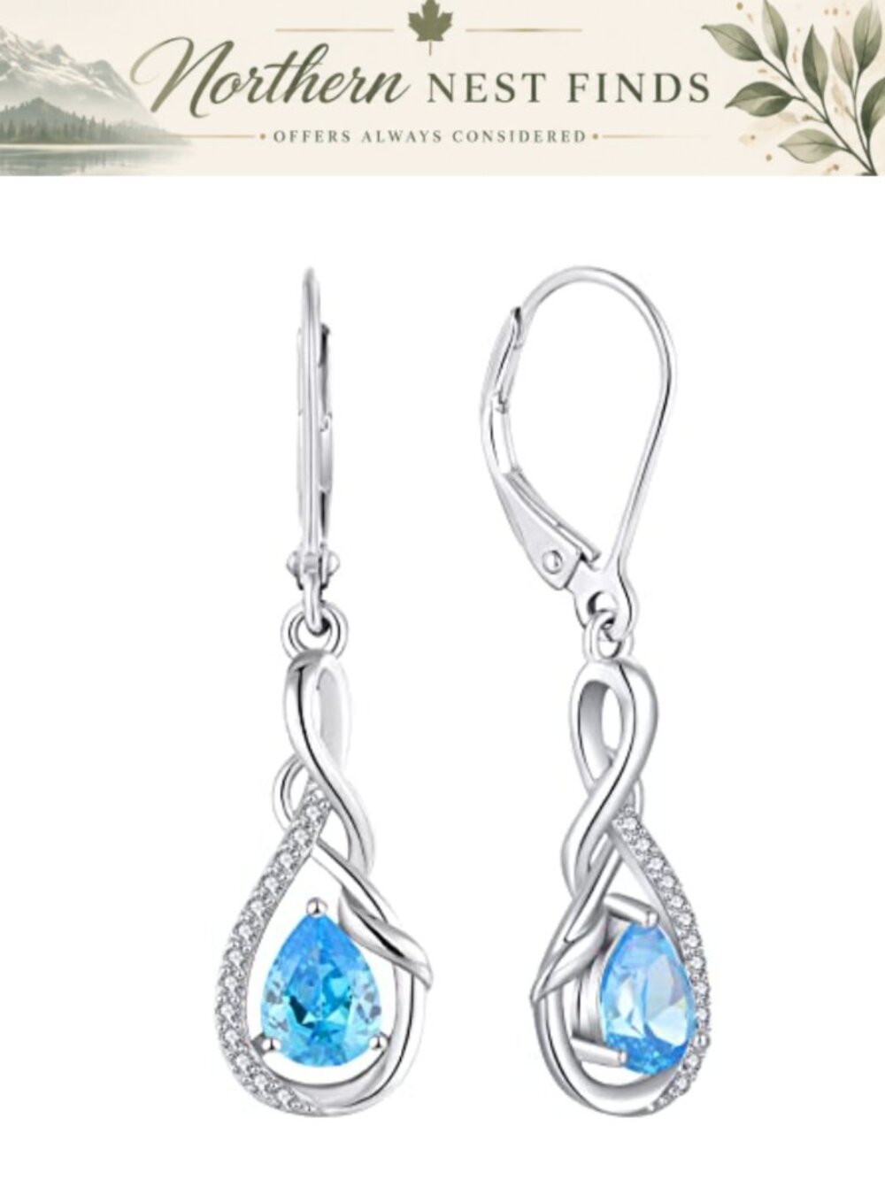 Infinity Dangle Drop Earrings 925 Sterling Silver Created Aquamarine